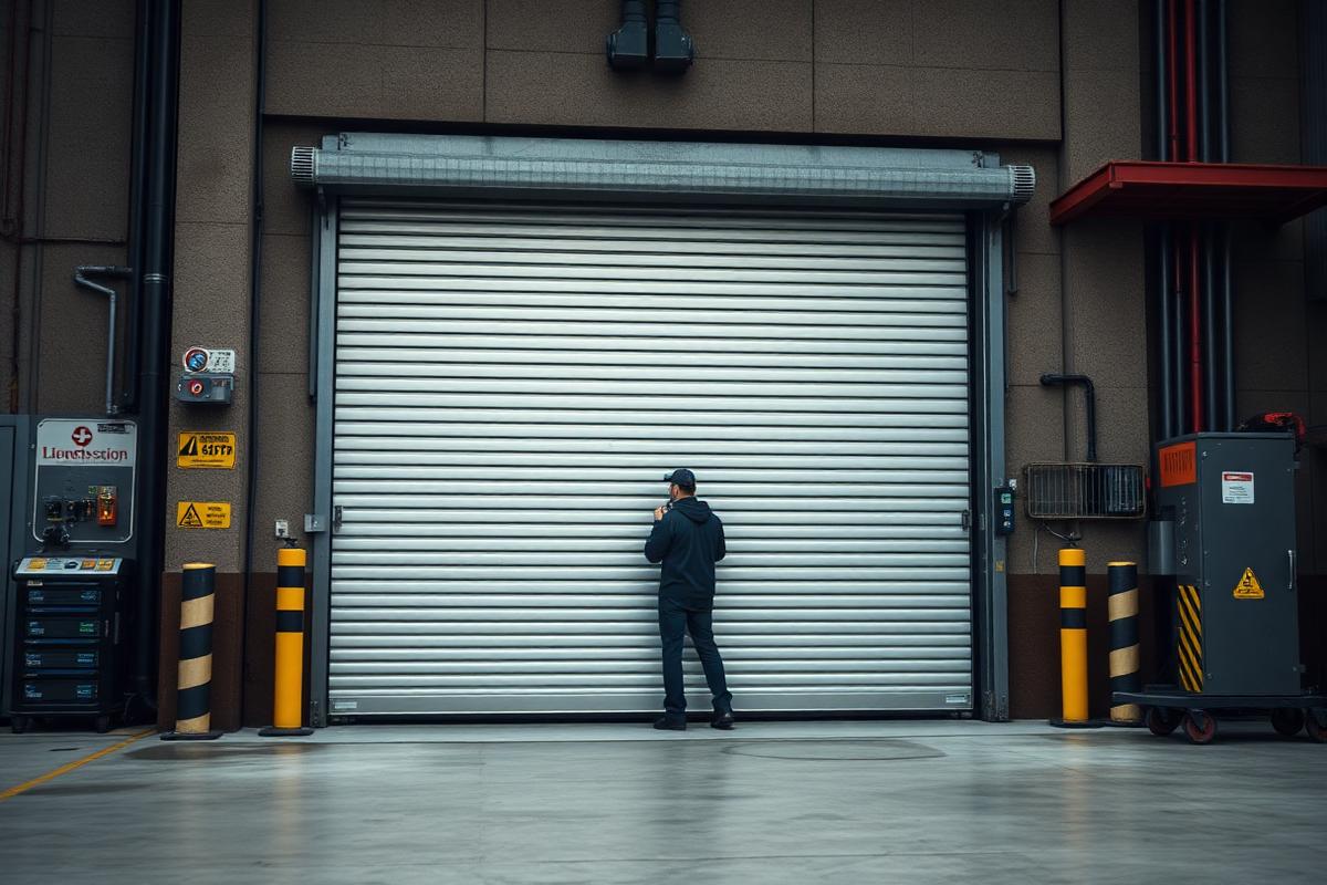 Commercial rolling steel garage door at a Salem-area loading bay