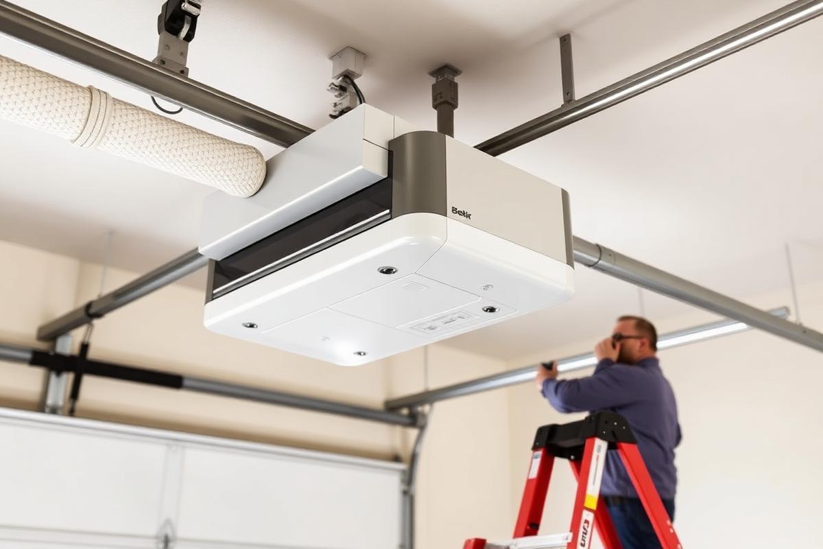 Modern garage door opener mounted on a garage ceiling