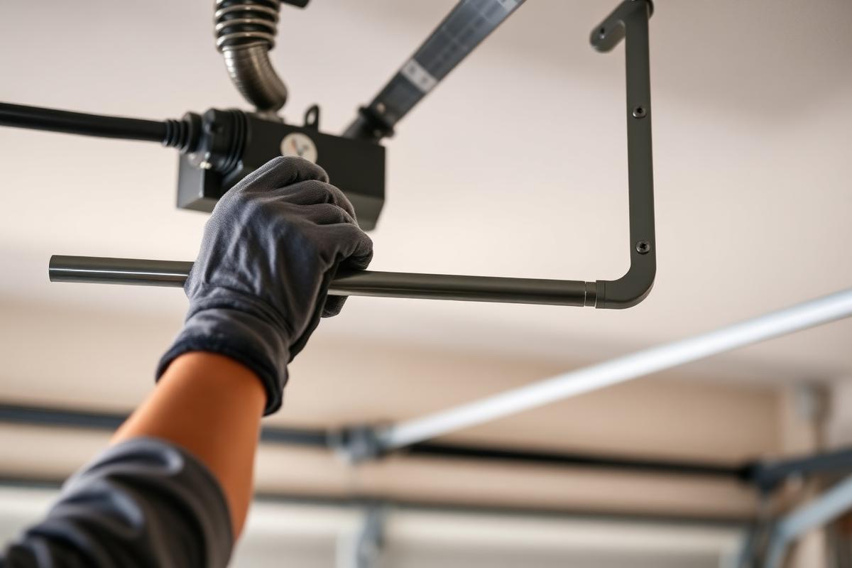 Technician working on a garage door torsion spring assembly